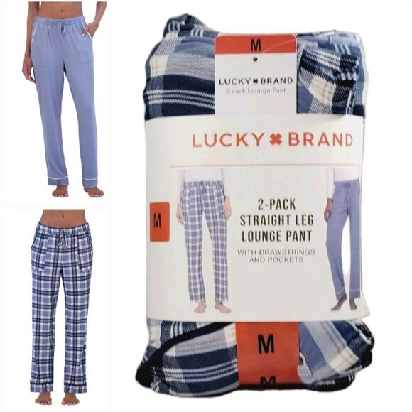 2-pk Lucky Women's M Comfy Straight Leg Lounge PJ Pants Relaxed Blue Plaid NWT - Picture 1 of 8